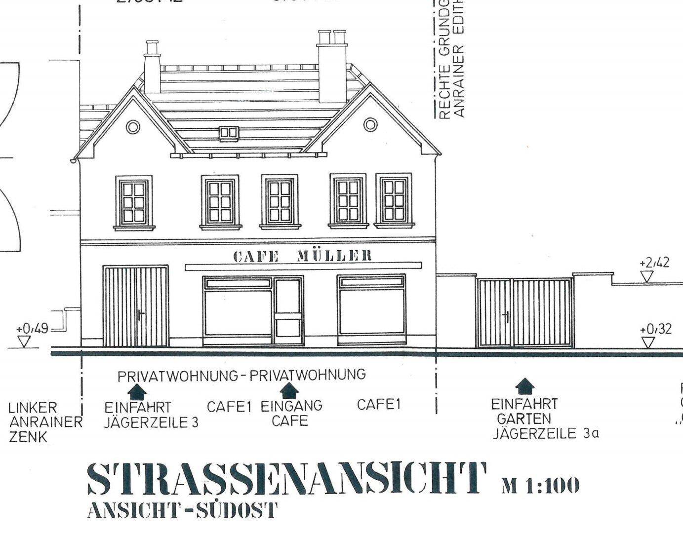 Architektonische Zeichnung der Straßenansicht eines Gebäudes mit Café und Wohnungen.