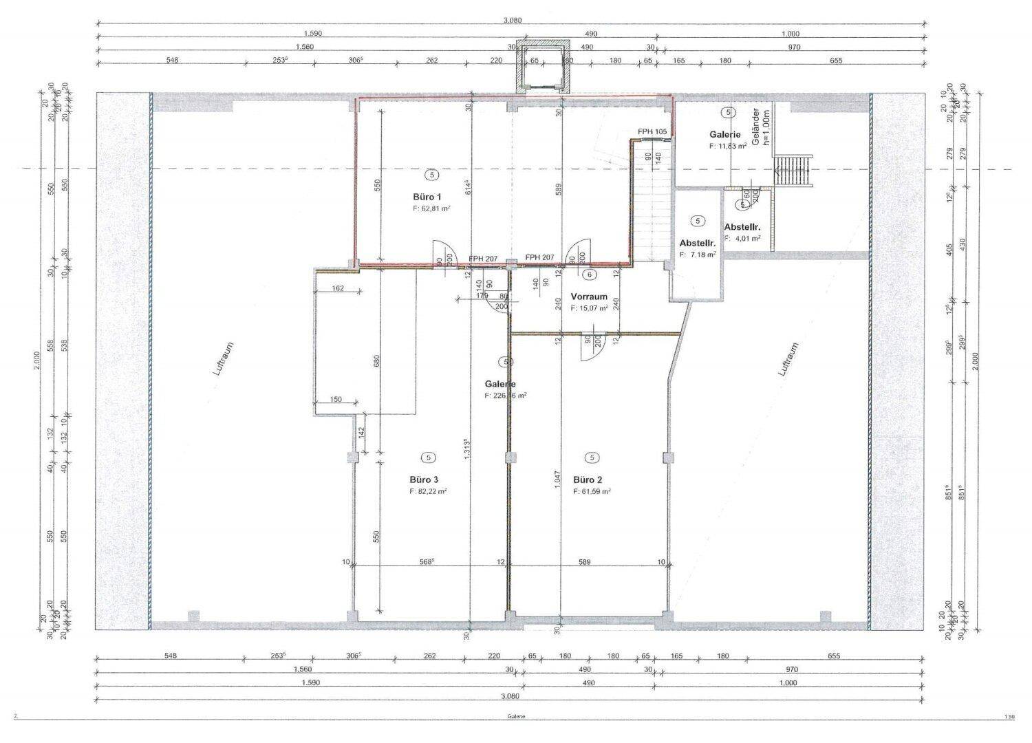 Detaillierter Grundriss mit Büroräumen, Galerie und Abstellflächen, inklusive Maßen.