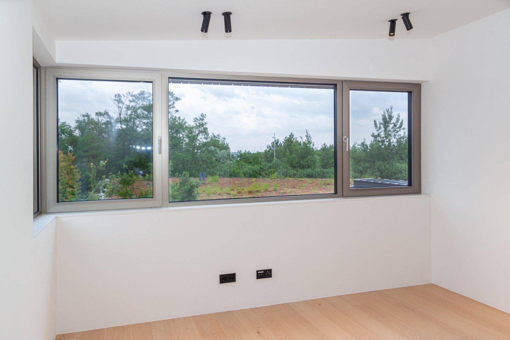 Helles Zimmer mit breiter Fensterfront und Blick auf die umliegende Natur und den Himmel.