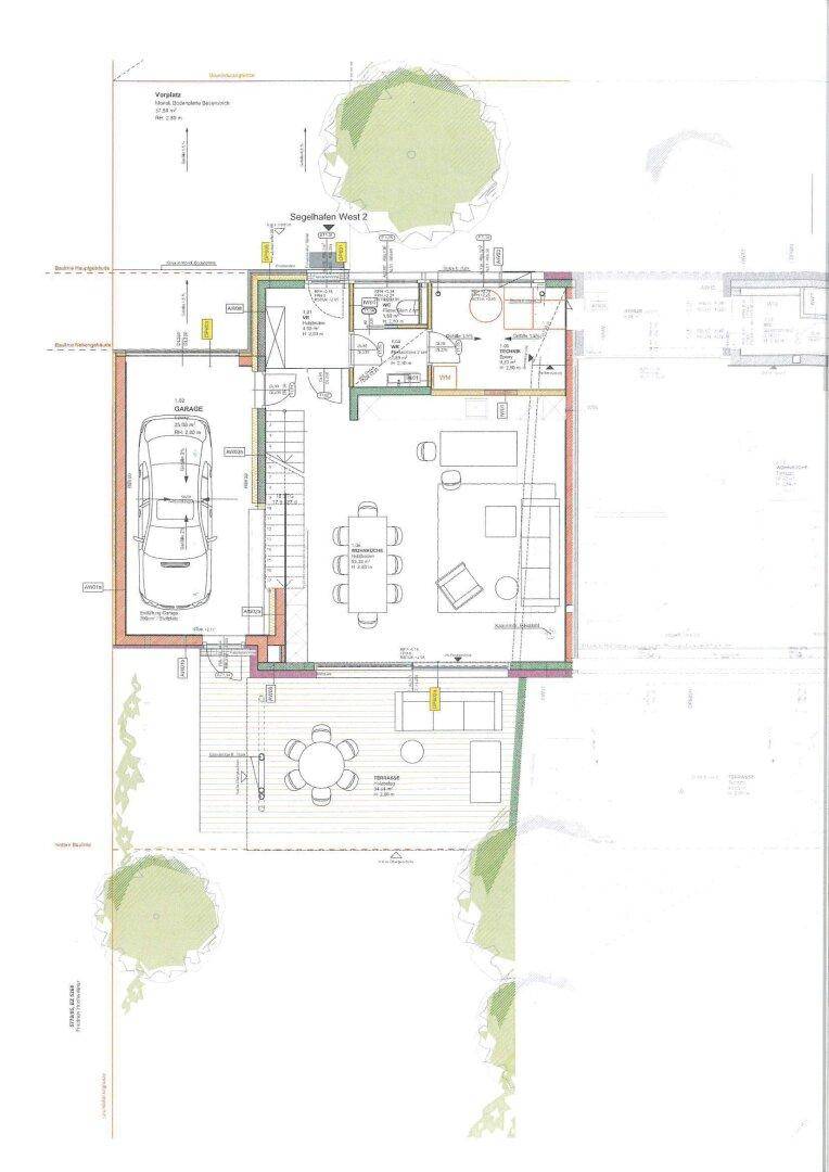 Grundriss des Erdgeschosses mit Garage, offenem Wohnbereich, Esszimmer und Terrasse.