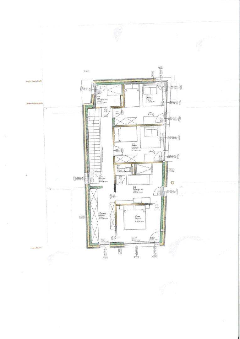 Grundriss des Obergeschosses mit mehreren Schlafzimmern und Badezimmern.