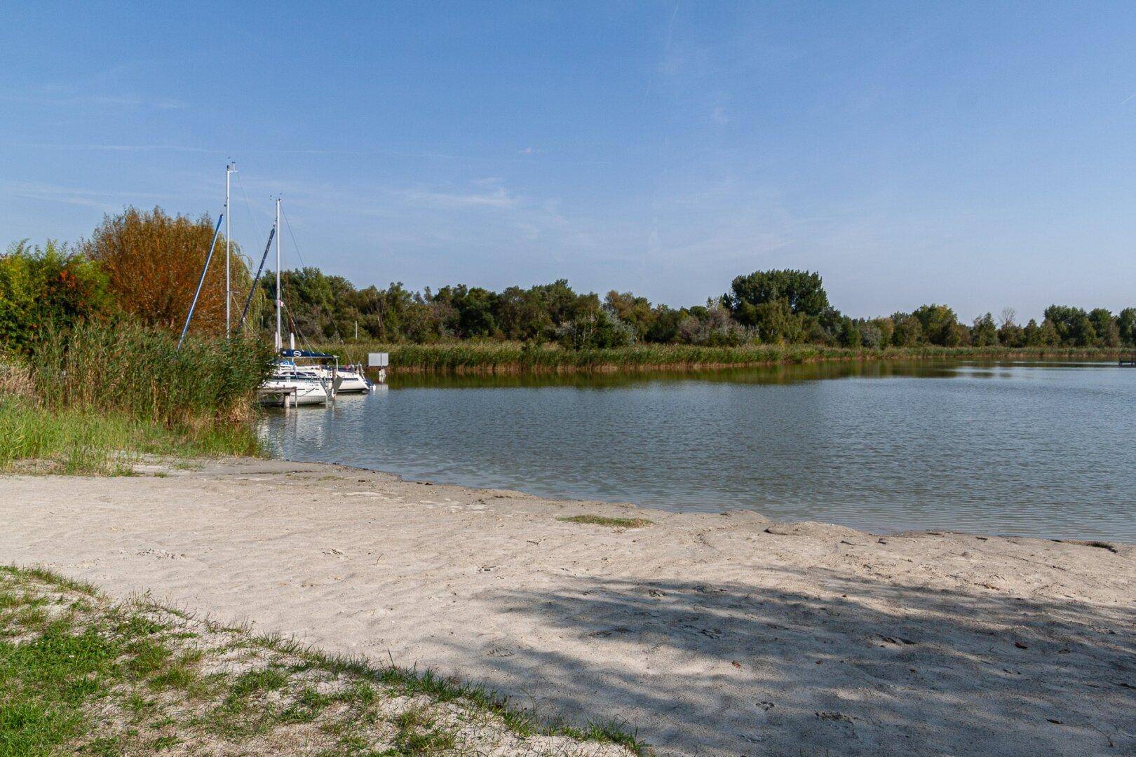 Malerischer See mit Booten und üppiger Ufervegetation unter blauem Himmel.