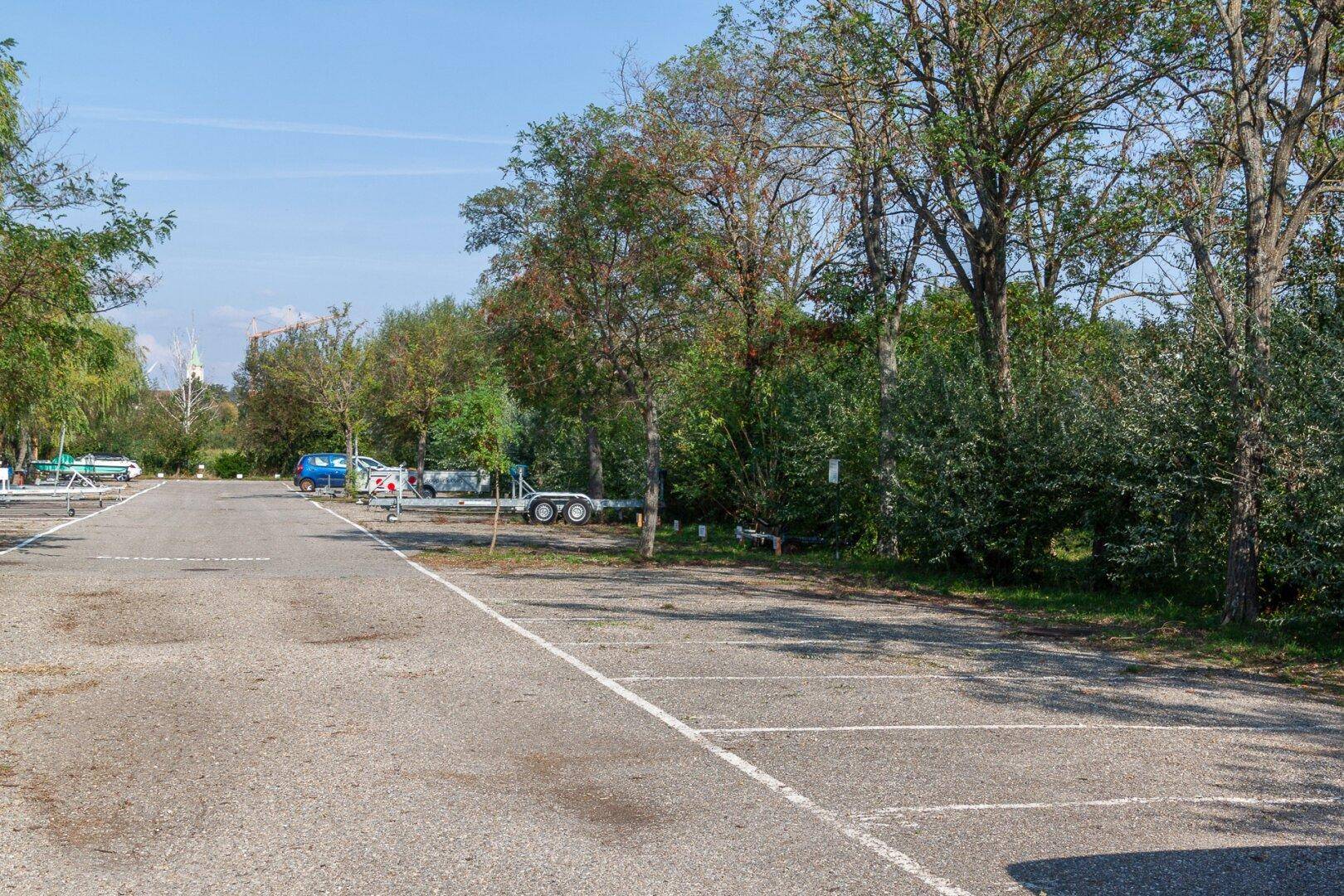 Großer Parkplatz umgeben von Bäumen und Sträuchern.