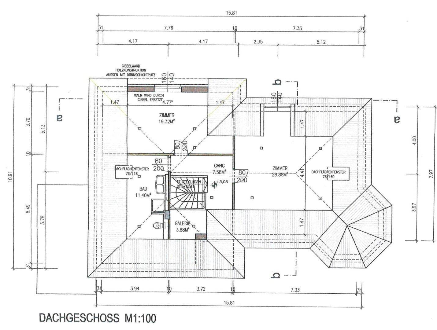 Grundriss des Dachgeschosses mit zwei Zimmern, Bad und Galerie.