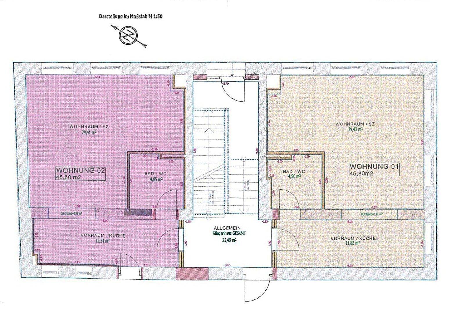 Grundrissplan zeigt zwei Wohnungen mit jeweils Wohnraum, Bad und Küche, inklusive Flächenangaben.