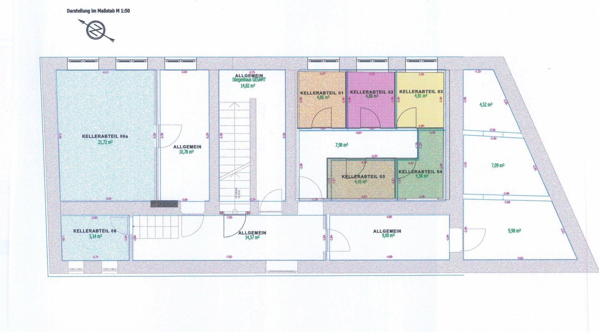 Detaillierter Grundrissplan des Kellergeschosses mit nummerierten Abteilen und Gemeinschaftsflächen.