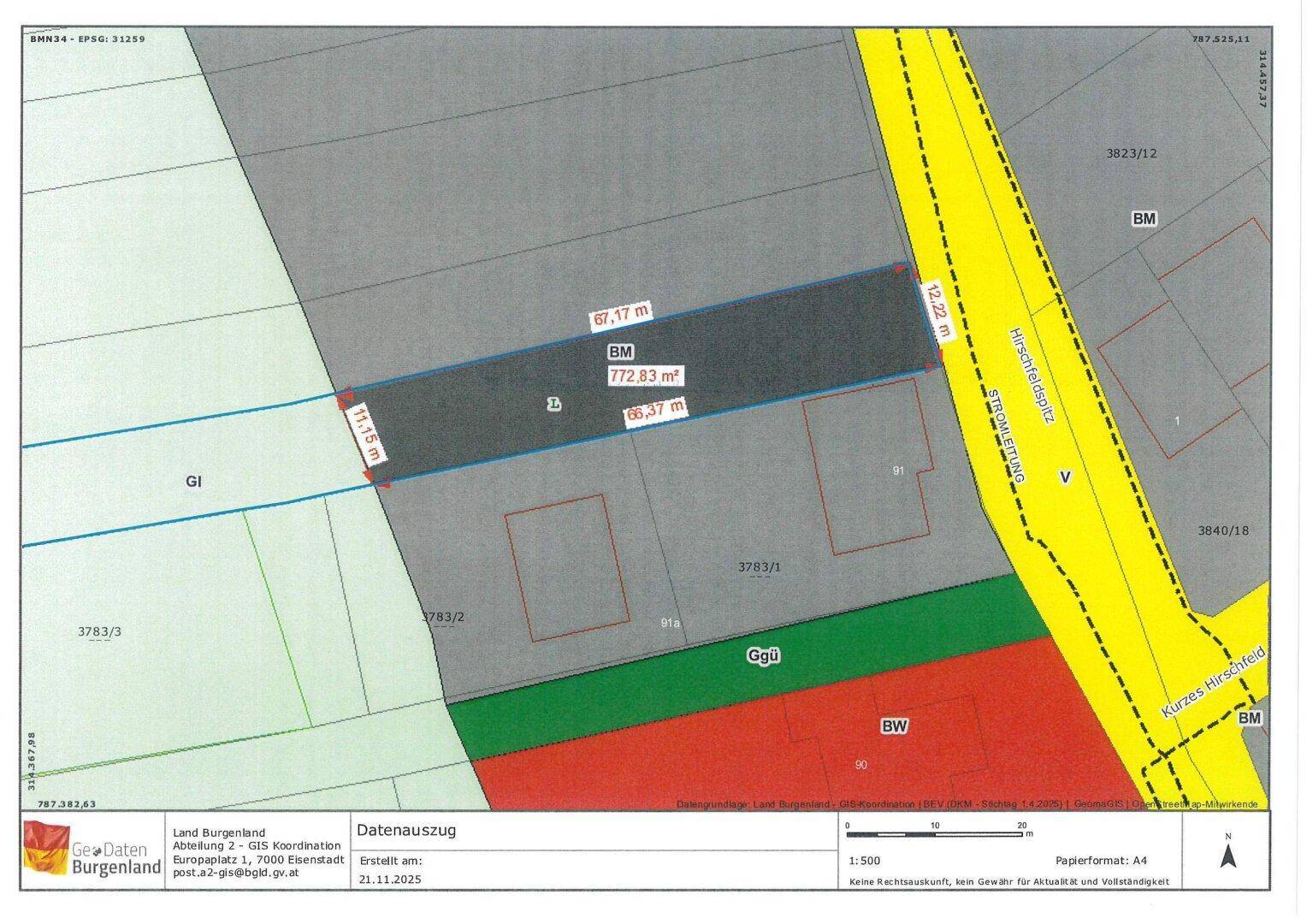 Detaillierter Katasterplan mit farbigen Zonen zur Kennzeichnung verschiedener Grundstücksbereiche.