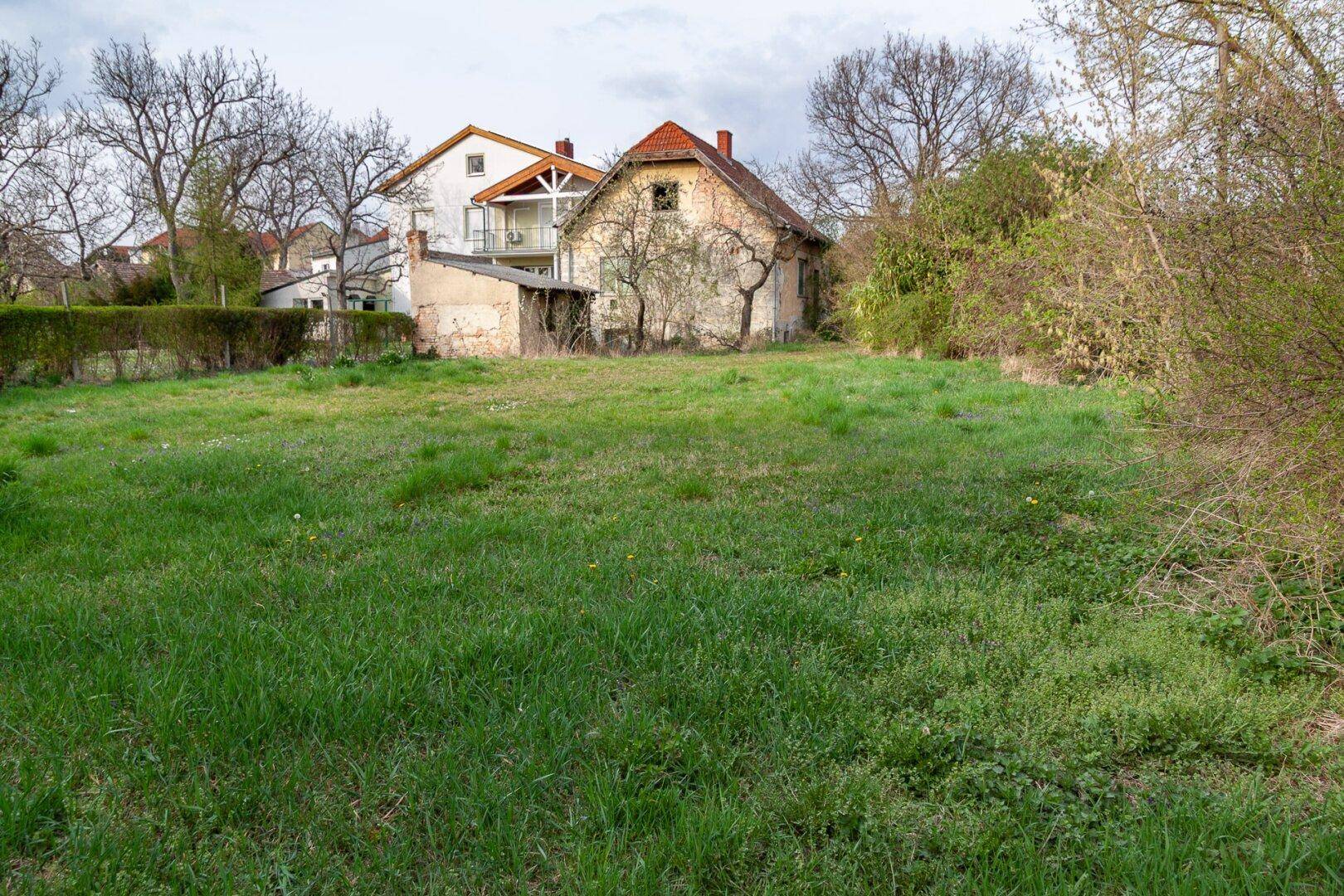 Große Grünfläche mit Blick auf ein älteres Haus und moderne Nachbargebäude.