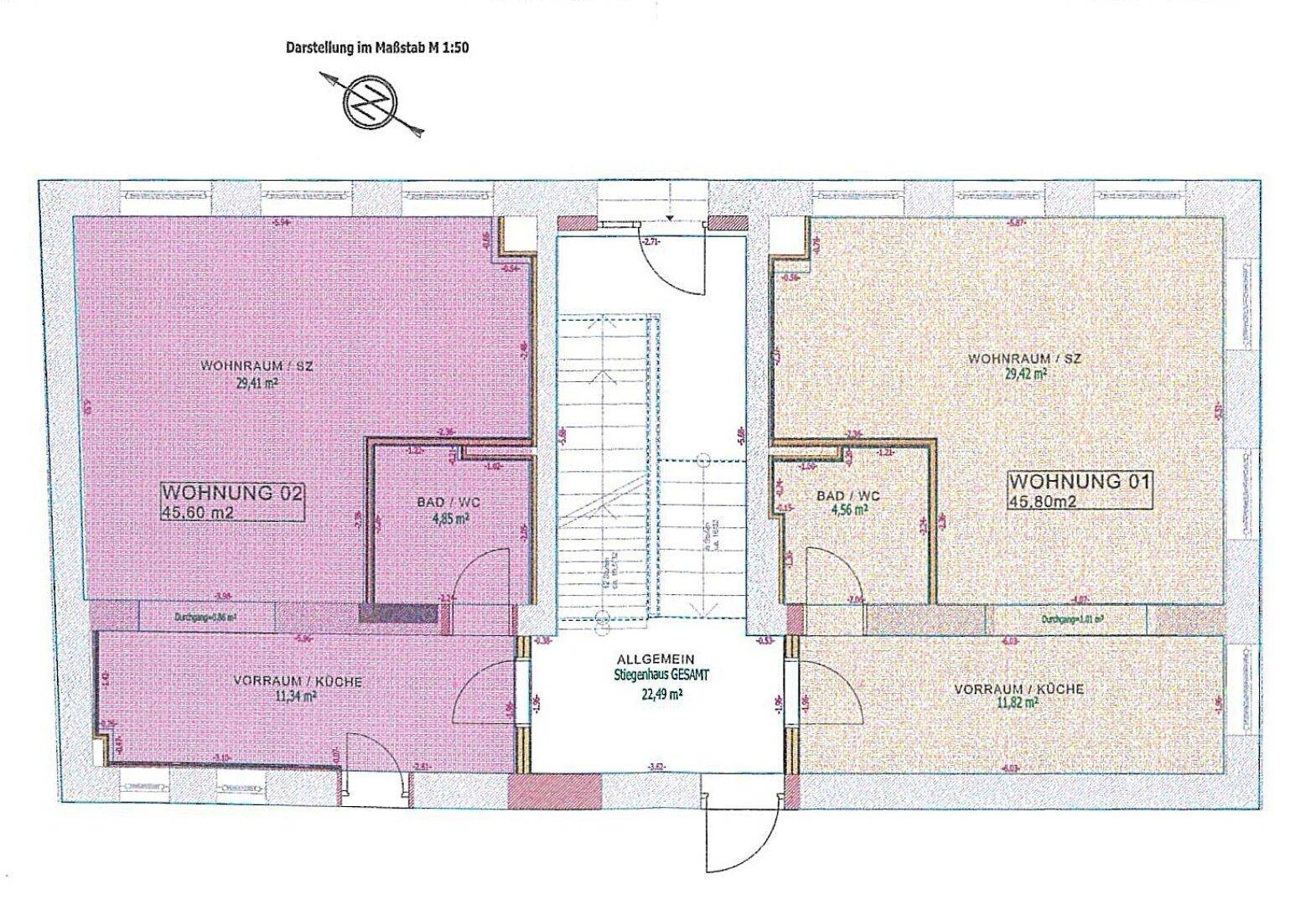 Grundrissplan für zwei Wohnungen mit jeweils 45,80 m² und separaten Bädern.