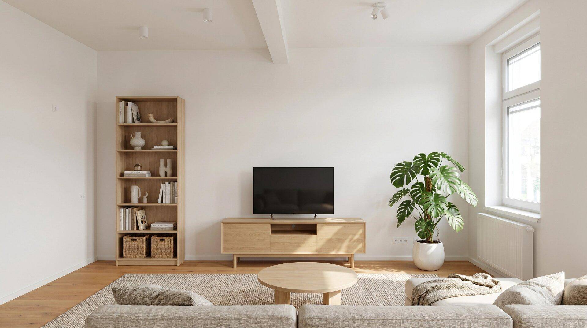 Modern eingerichtetes Wohnzimmer mit hellem Holzboden, bequemen Sofas und einer Zimmerpflanze.