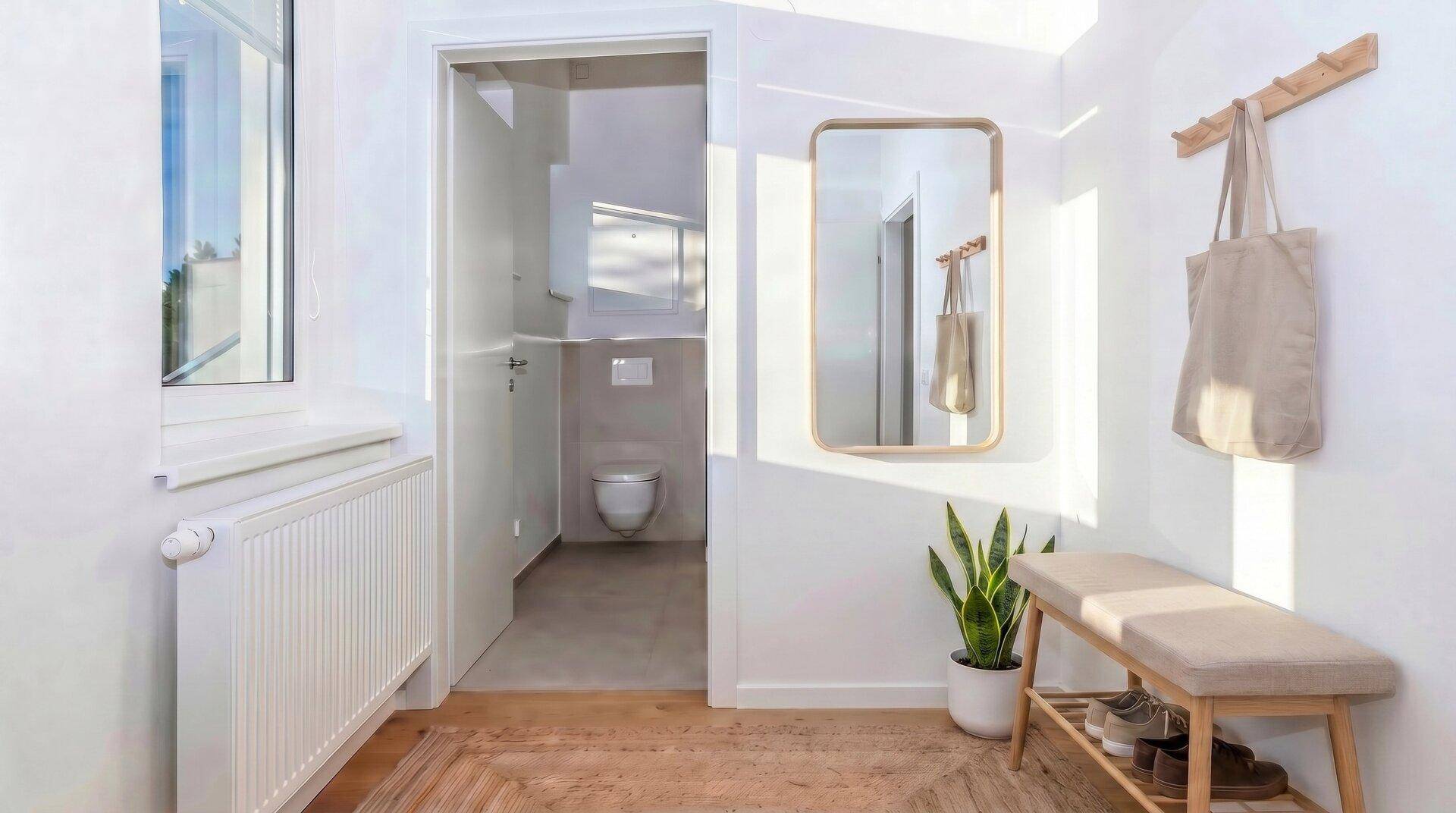 Freundlicher Eingangsbereich mit Holzboden, Garderobe und Spiegel, führt zu einem separaten WC.