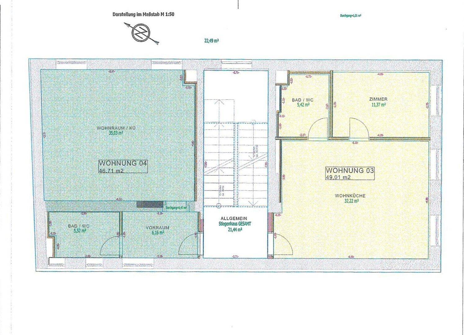 Grundrissplan zeigt zwei Wohnungen mit Wohnraum, Bad und Zimmern auf einer Etage.