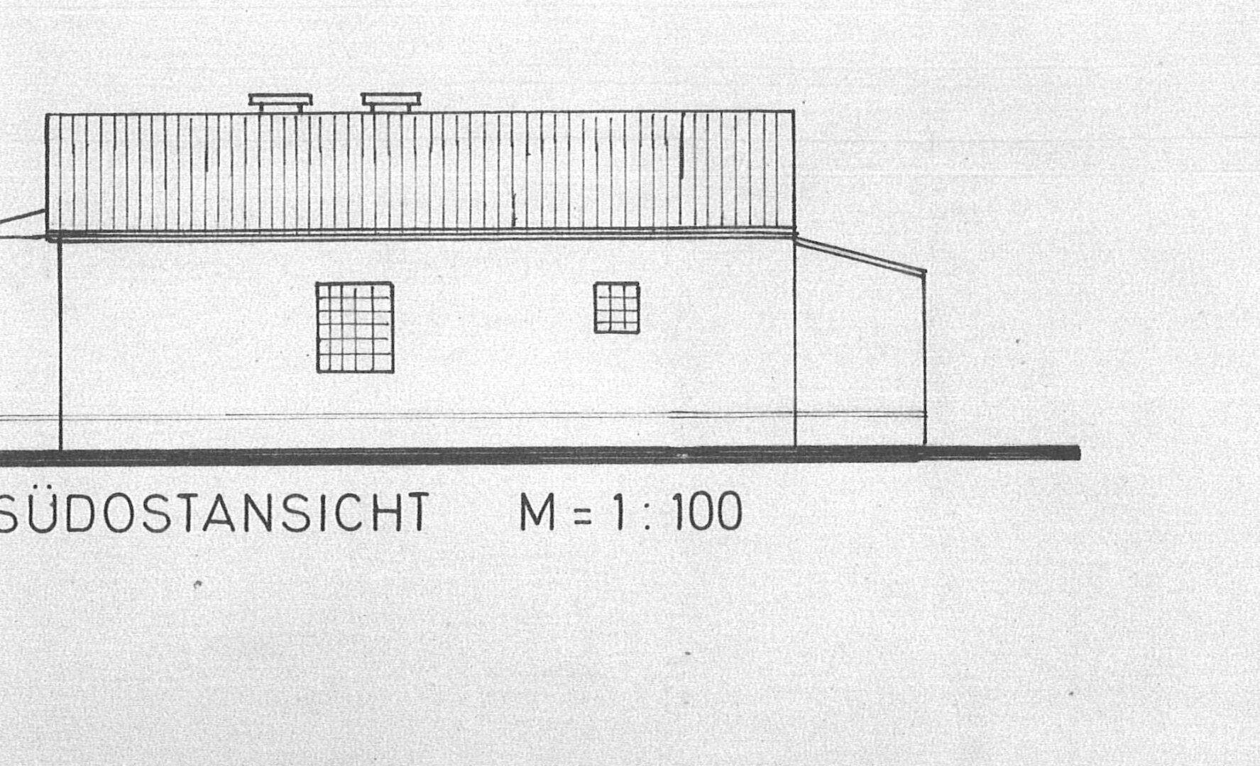 Südostansicht des Gebäudes im Maßstab 1:100.