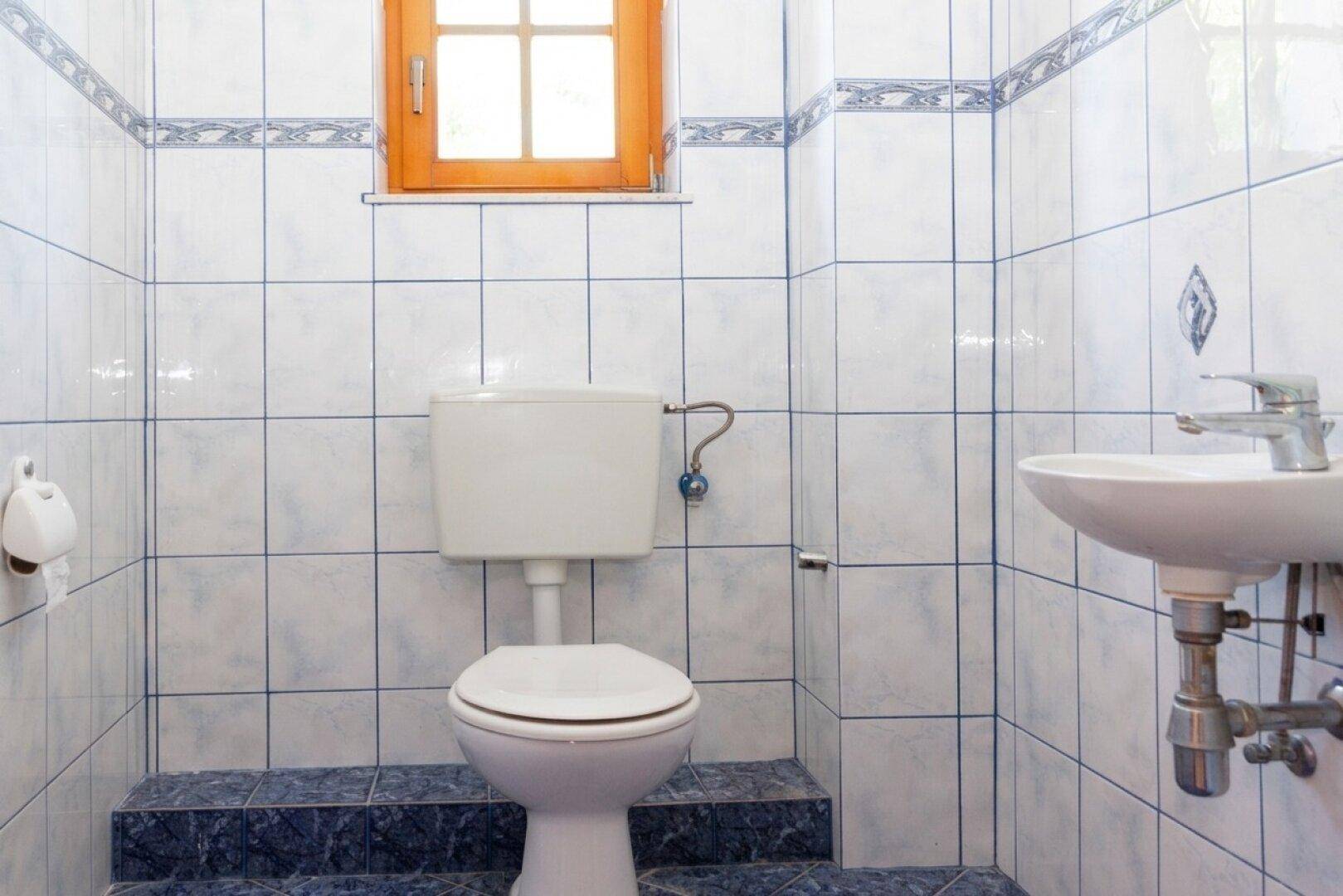Kleines WC mit blauen und weißen Fliesen, Toilette und Waschbecken.