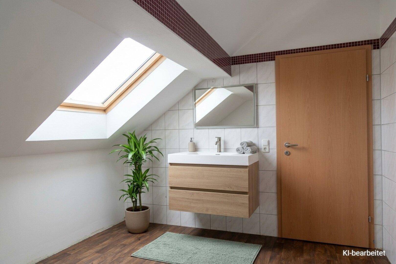 Modernisiertes Badezimmer im Dachgeschoss mit Dachfenster, Waschtisch und Holzboden.