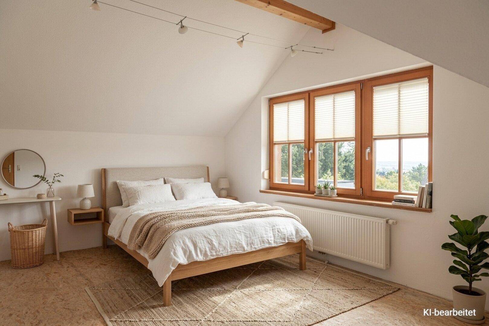 Gemütliches Schlafzimmer im Dachgeschoss mit Holzbalken, großem Fenster und Blick ins Grüne.