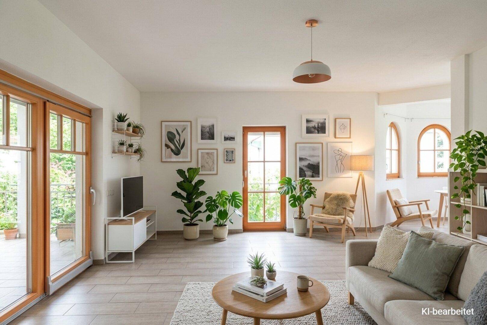 Helles Wohnzimmer mit moderner Einrichtung, Pflanzen und Zugang zur Terrasse.