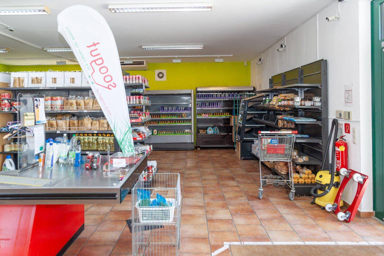 Verkaufsraum mit Regalen, Kühltheken, Einkaufswagen und einem hellgrünen Wandbereich.