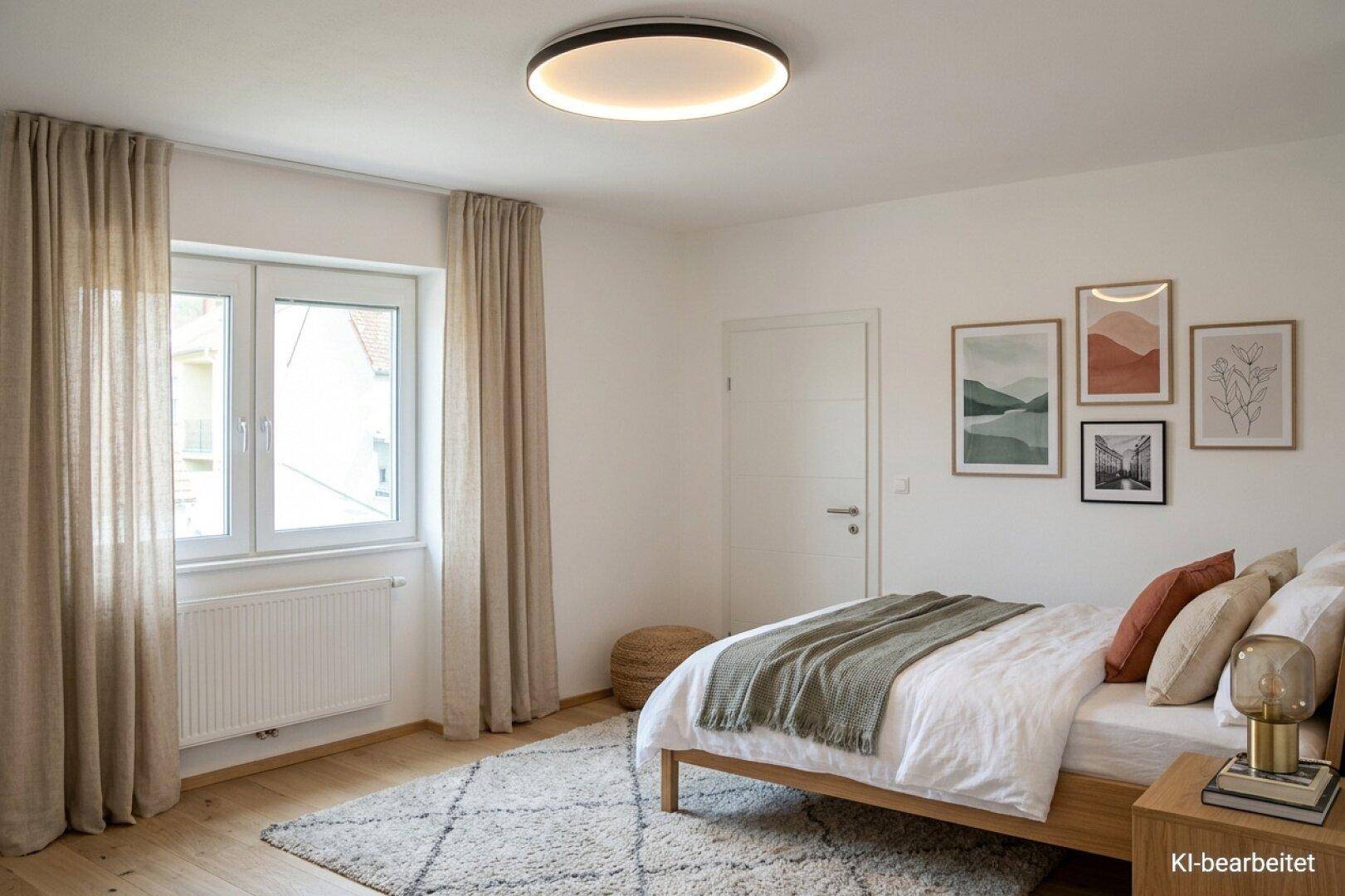 Helles Schlafzimmer mit Holzboden, großem Fenster und moderner Dekoration.