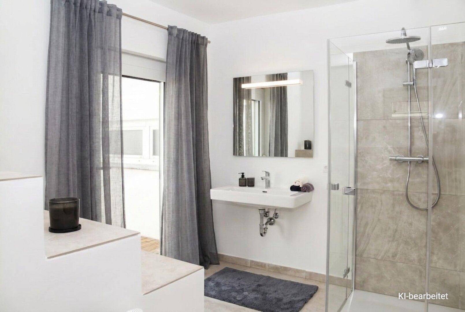 Modernes Badezimmer mit ebenerdiger Dusche, Einzelwaschbecken und Zugang zum Balkon.
