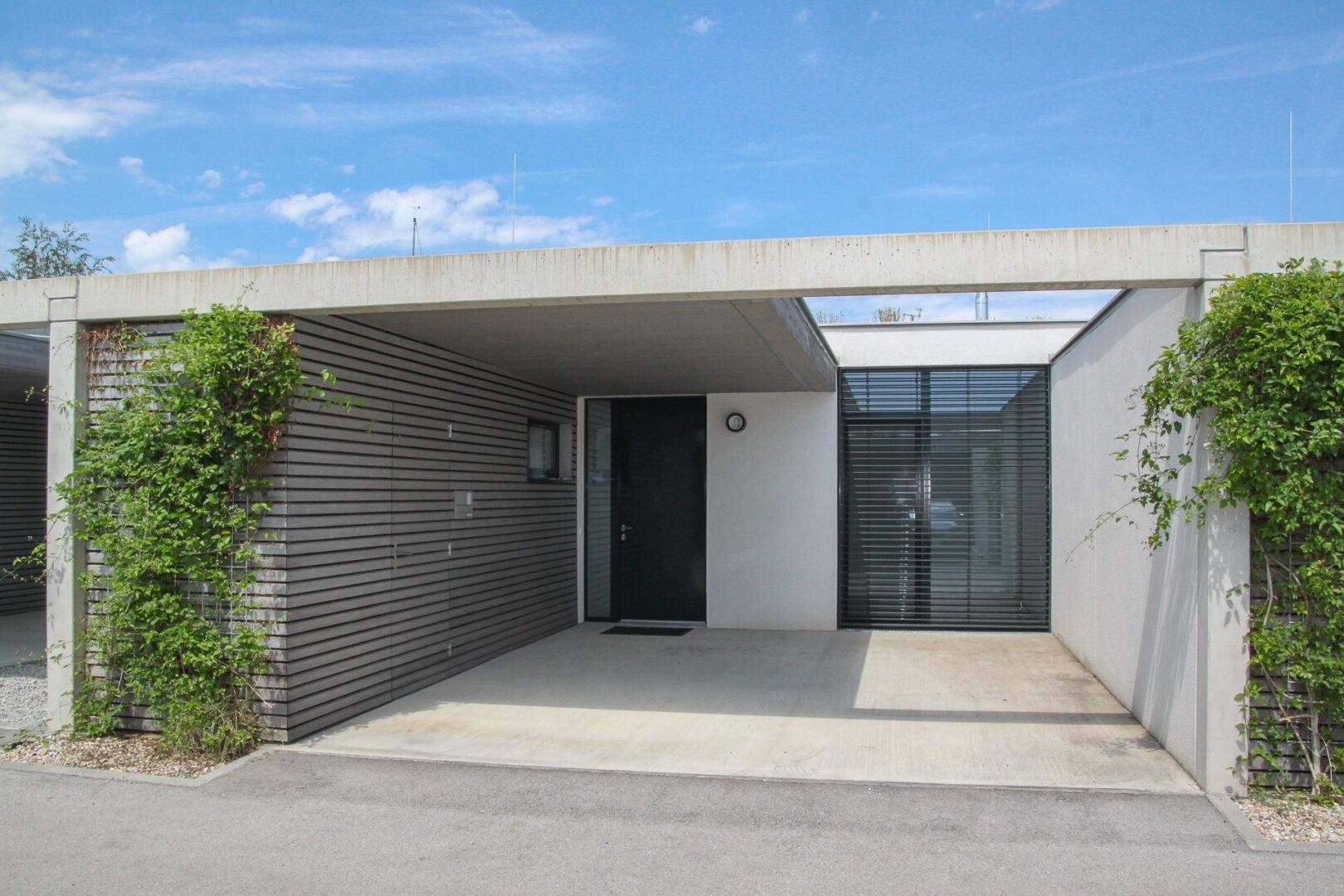 Moderner Eingangsbereich mit Carport und klaren Linien, umgeben von Grünpflanzen.