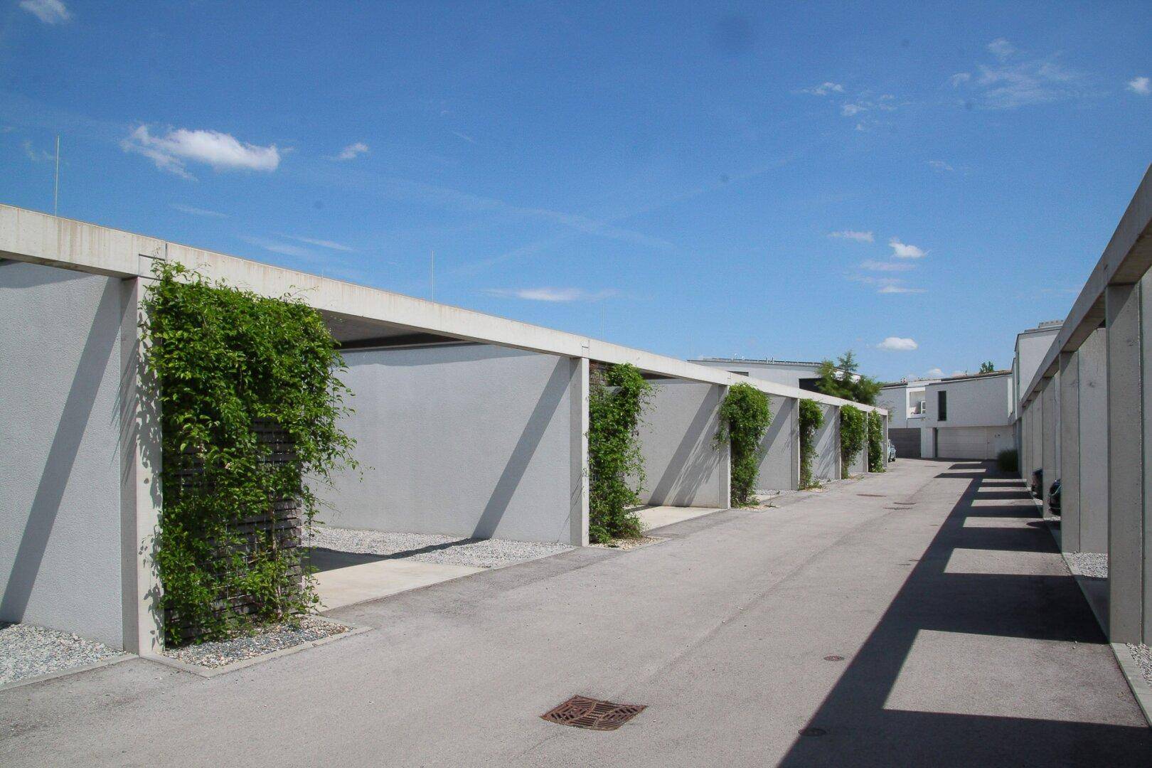 Moderne Carports mit Betonstrukturen und vertikaler Begrünung entlang einer Zufahrtsstraße.