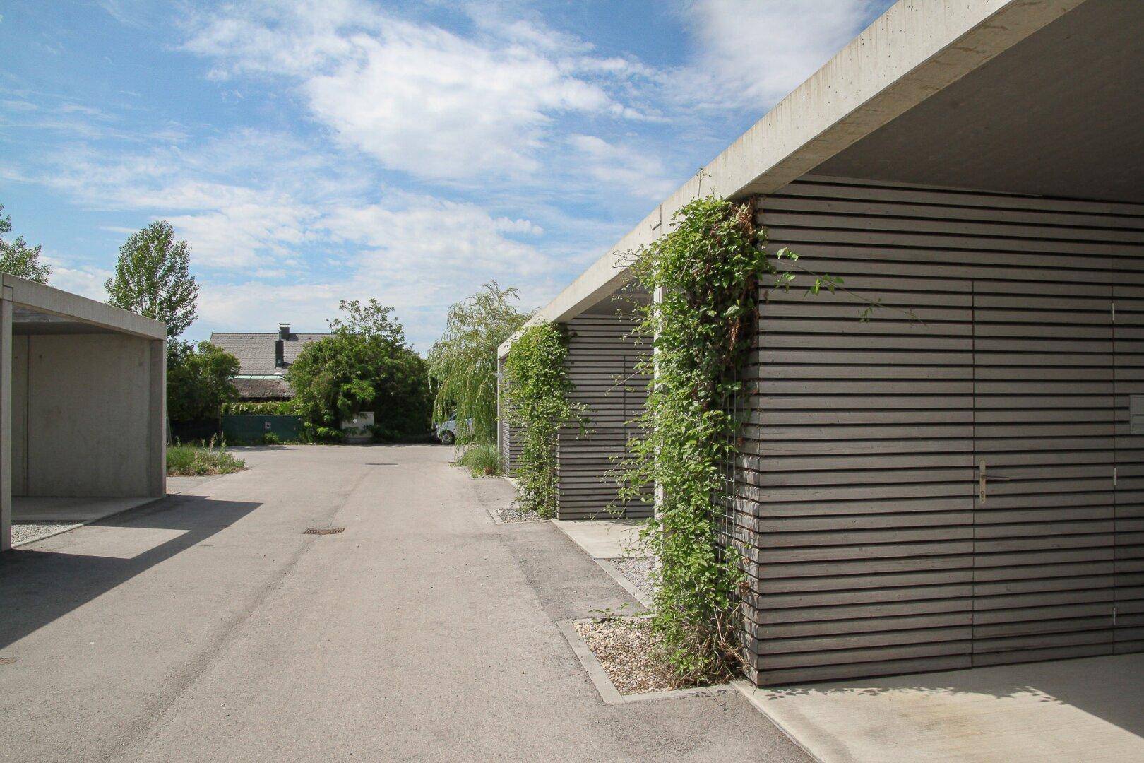 Reihe moderner Carports mit Holzverkleidung und begrünten Seitenwänden entlang der Zufahrt.