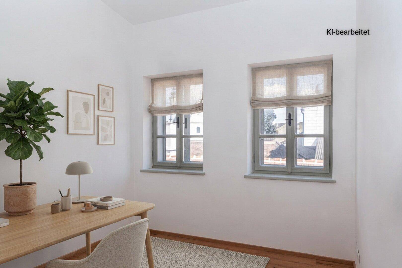 Virtuell eingerichtetes Büro mit Holzboden, Schreibtisch und Pflanzen, ideal für Home-Office.