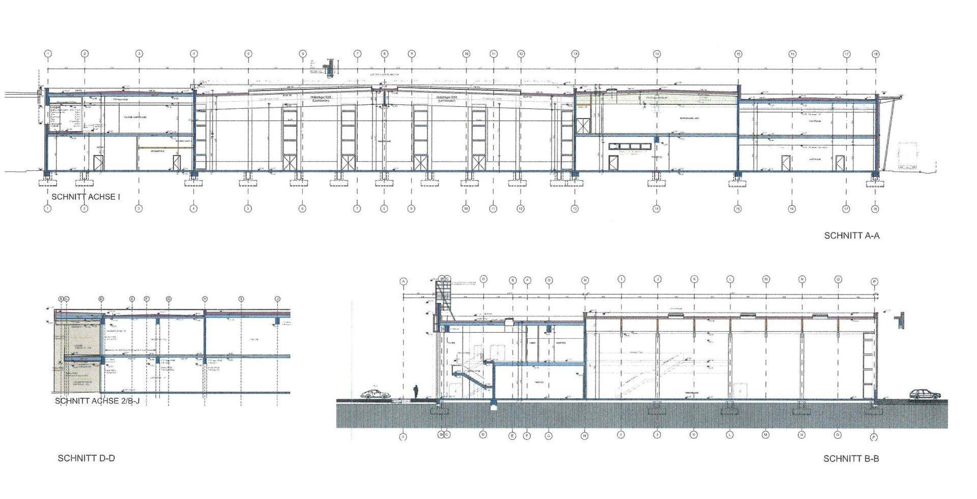 Architektonische Schnittzeichnungen des Gebäudes, die die interne Struktur und Höhen zeigen.