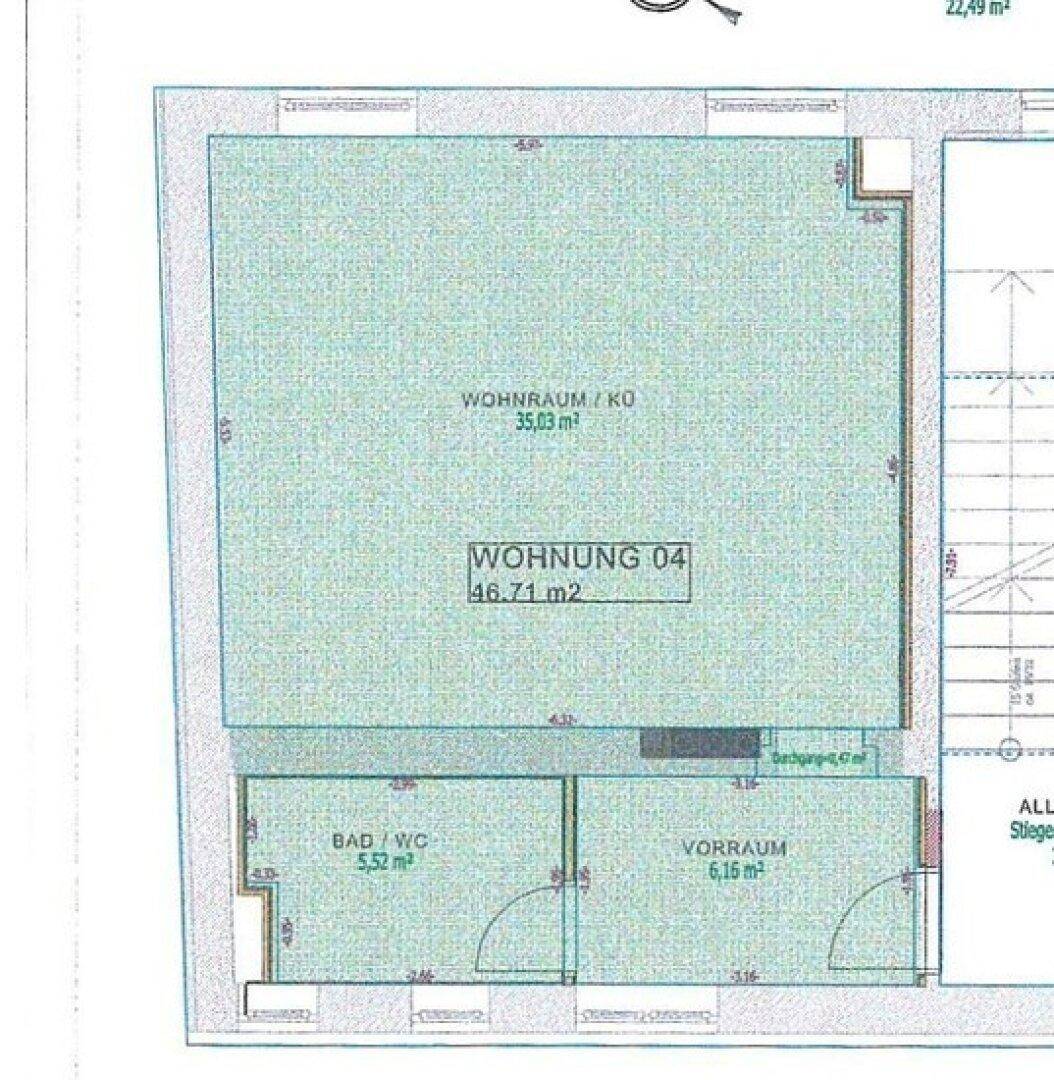 Grundriss der Wohnung 04 zeigt einen offenen Wohn-/Küchenbereich, ein Bad mit WC und einen separaten Vorraum.