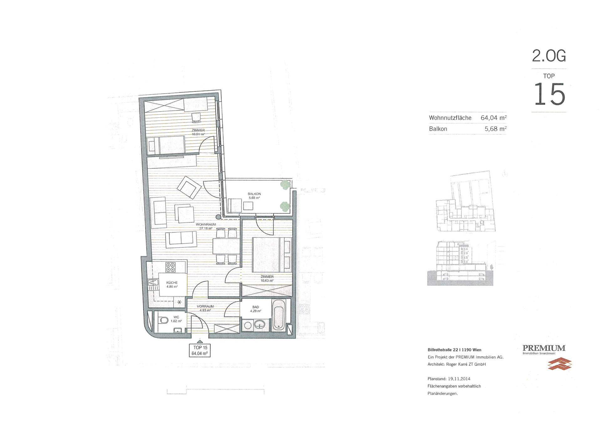 Grundriss der Wohnung TOP 15 im 2. Obergeschoss mit offenem Wohnbereich, zwei Balkonen und einer Terrasse.