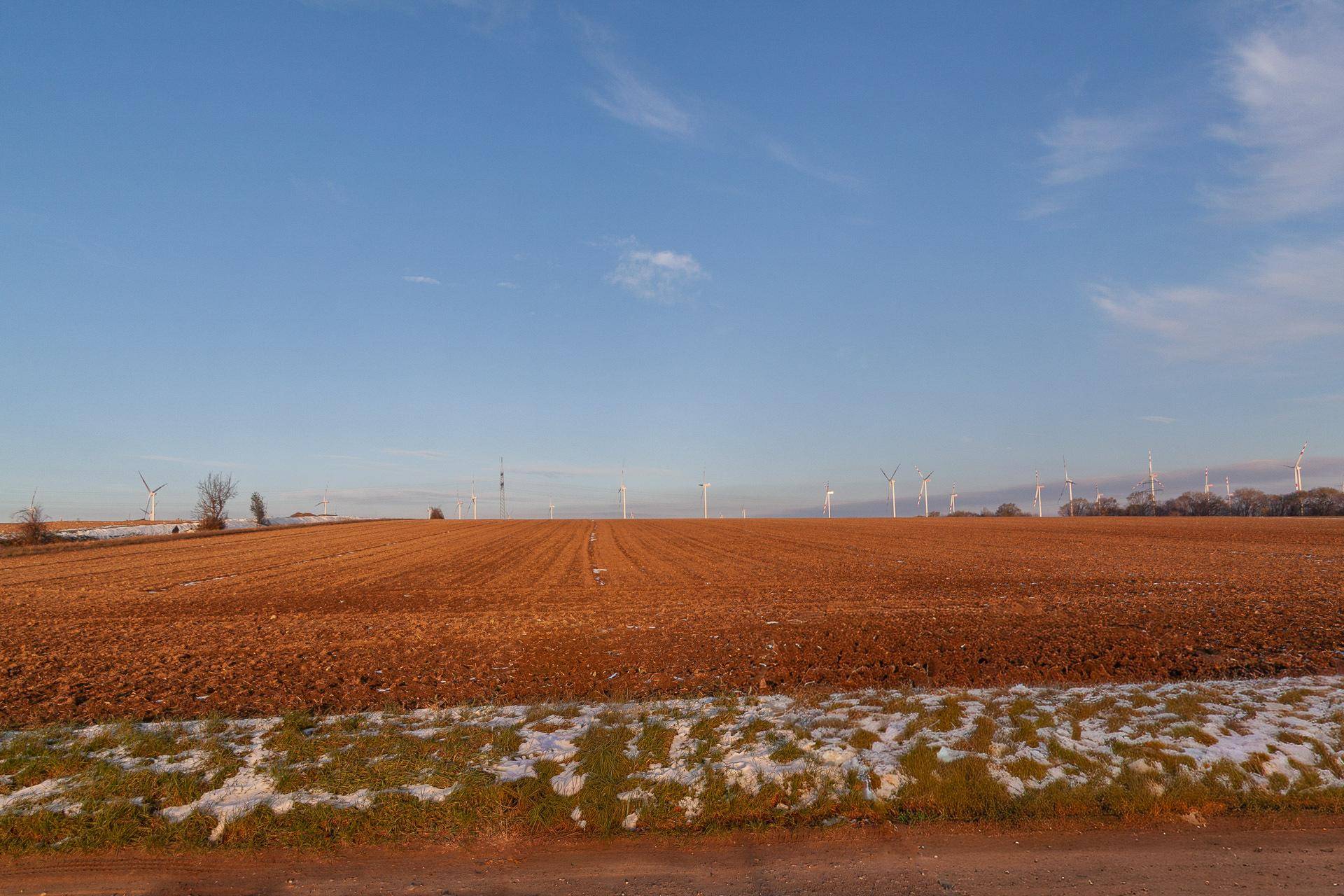 Weites, gepflügtes Feld mit Windrädern am Horizont unter einem klaren, blauen Himmel.