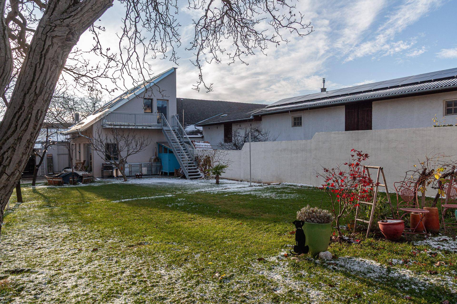 Gepflegter Gartenbereich mit Rasen, Bäumen und Blick auf die Rückseite des Gebäudes.
