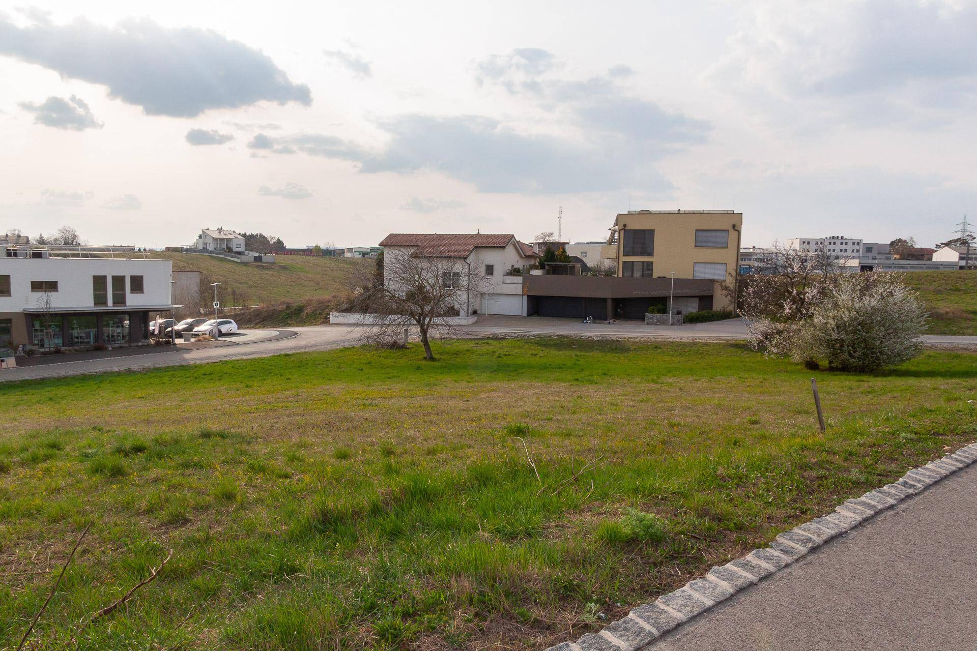 Offenes, grünes Grundstück neben einer Straße mit modernen Wohnhäusern und weiteren Gebäuden im Hintergrund.