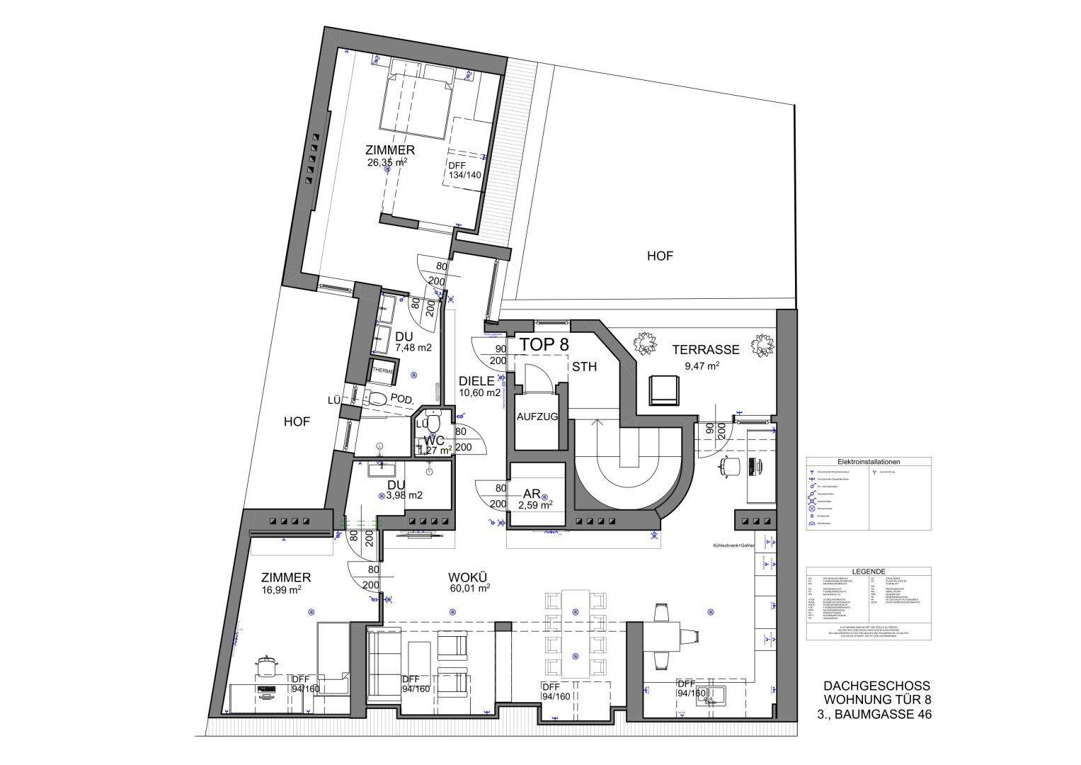 Grundriss der Dachgeschosswohnung mit Terrasse, zwei Zimmern und offenem Wohnbereich.
