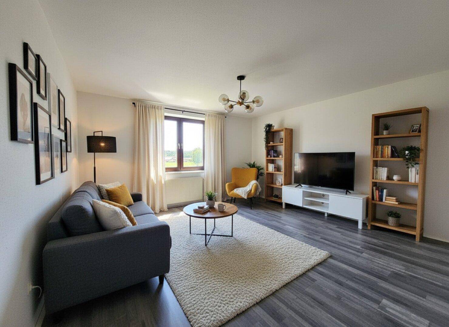 Modern eingerichtetes Wohnzimmer mit grauem Sofa, Teppich und Holzregalen.