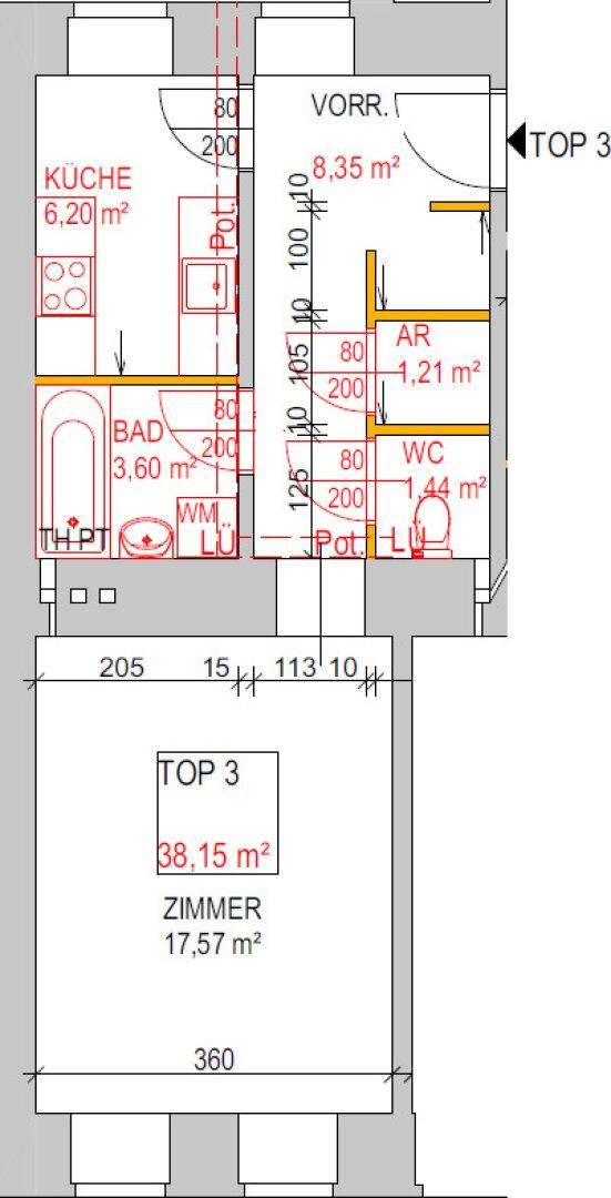 Grundriss der Wohnung mit Küche, Bad, WC und Zimmer, zeigt die Raumaufteilung und Flächen.