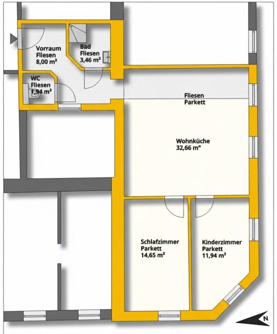 Grundriss einer Wohnung mit Wohnküche, zwei Schlafzimmern, Bad und WC.