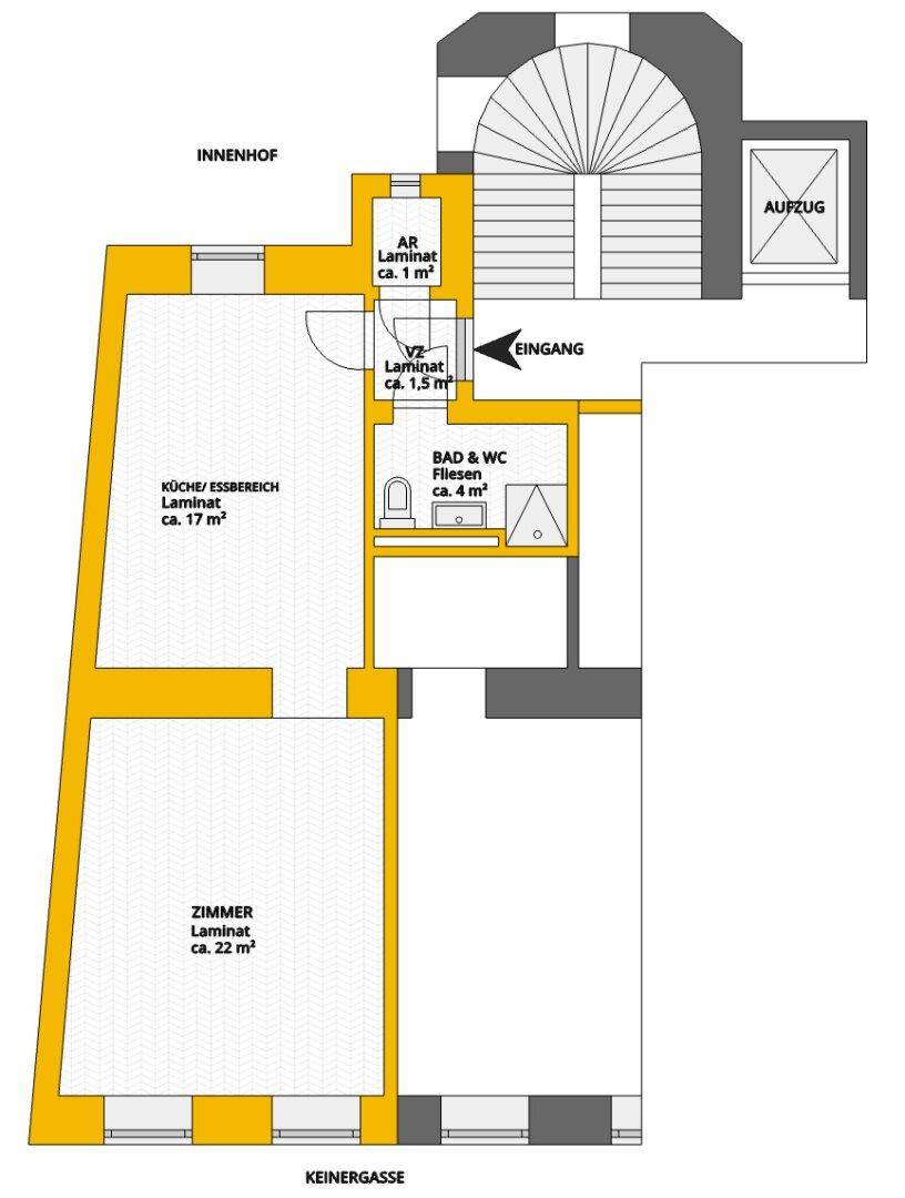 Grundriss einer Wohnung mit Küche/Essbereich, Zimmer und Bad/WC, inklusive Aufzugzugang.