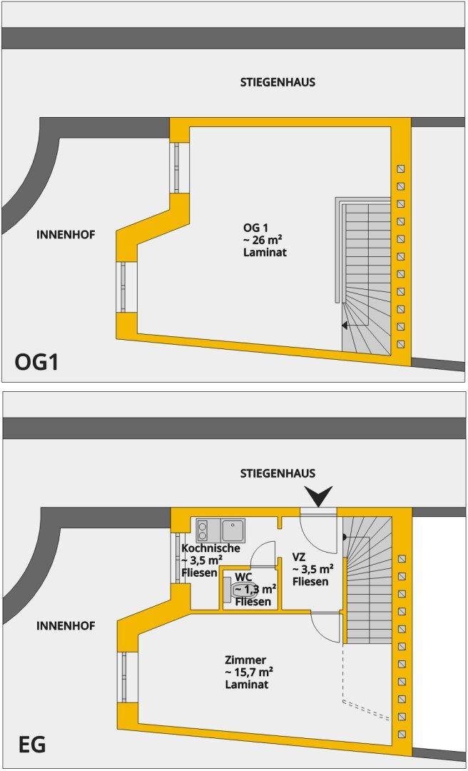 Grundriss zeigt zwei Etagen mit Zimmern, Kochnische und WC, sowie Treppenhaus.