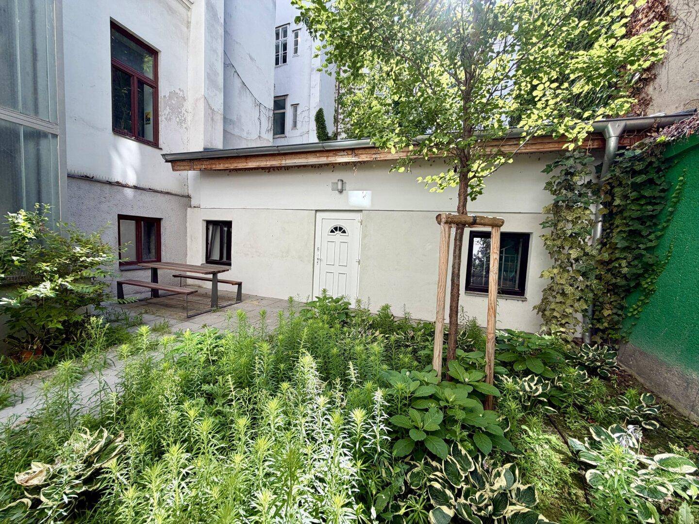 Hinterhofgarten mit einem kleinen Nebengebäude, viel Grün und einem Picknicktisch im Freien.