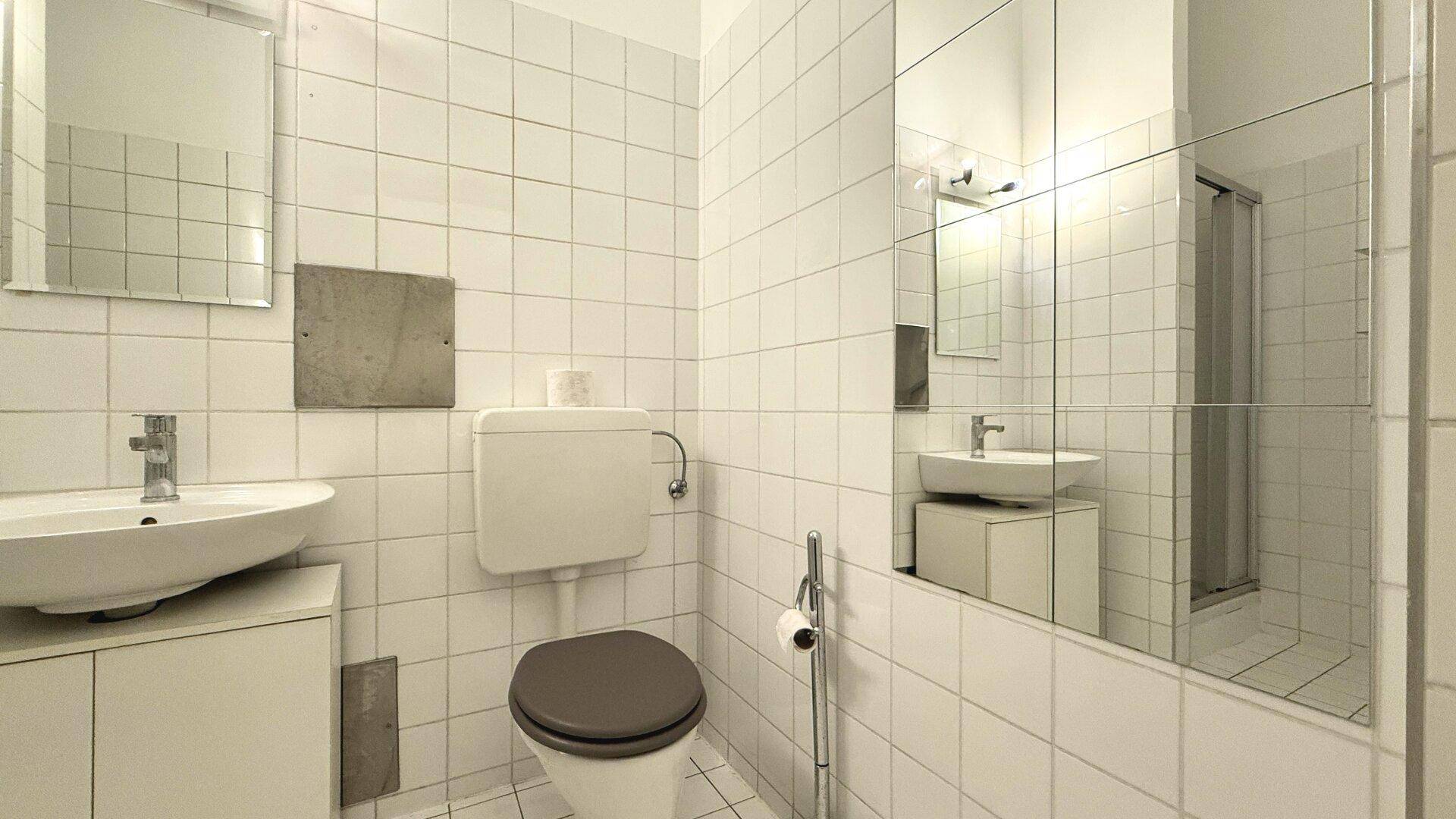 Badezimmer mit Spiegelwand, Waschbecken und Toilette, durchgehend weiß gefliest.