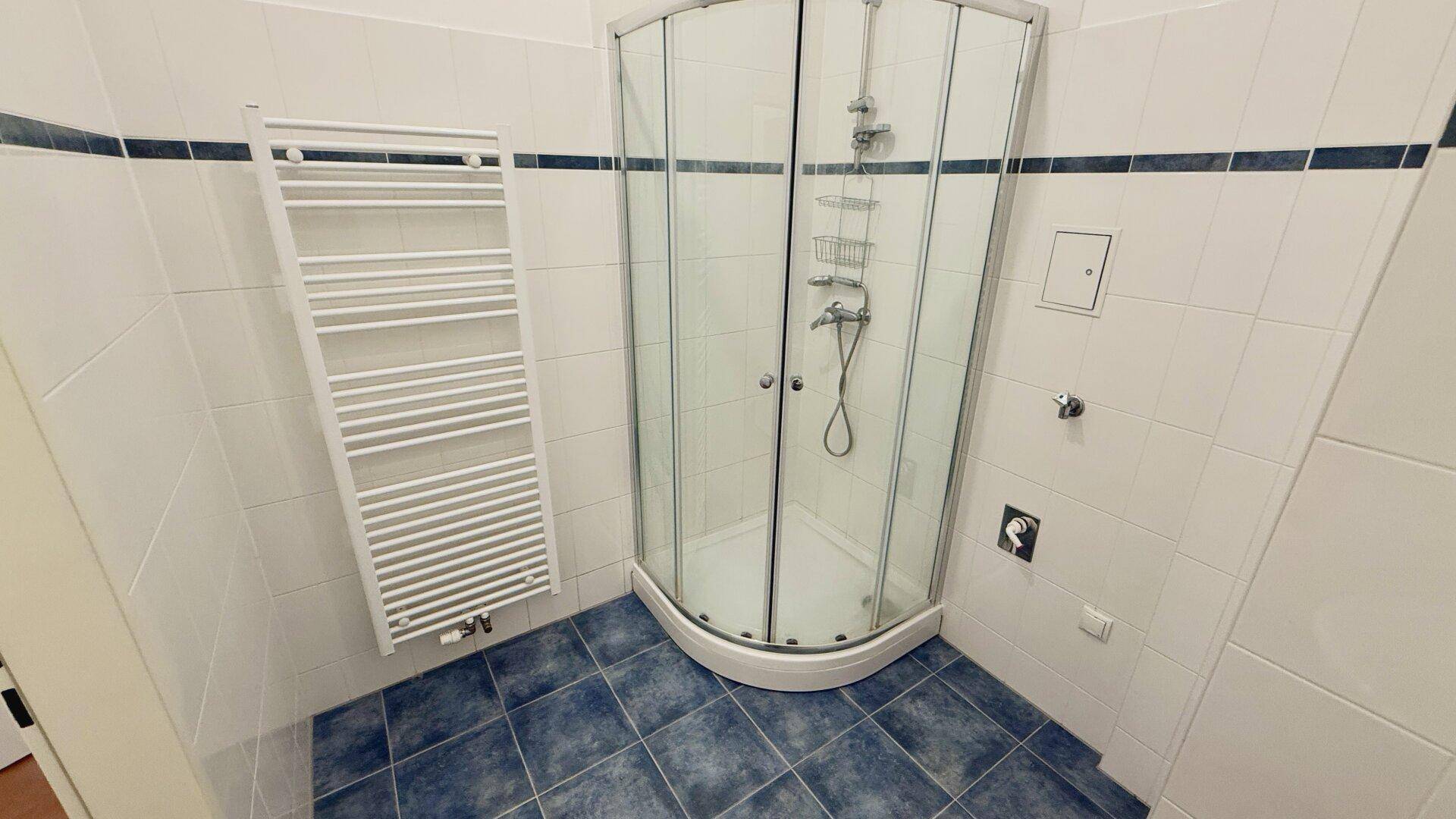 Modernes Badezimmer mit Duschkabine, weiß-blauen Fliesen und beheiztem Handtuchhalter.