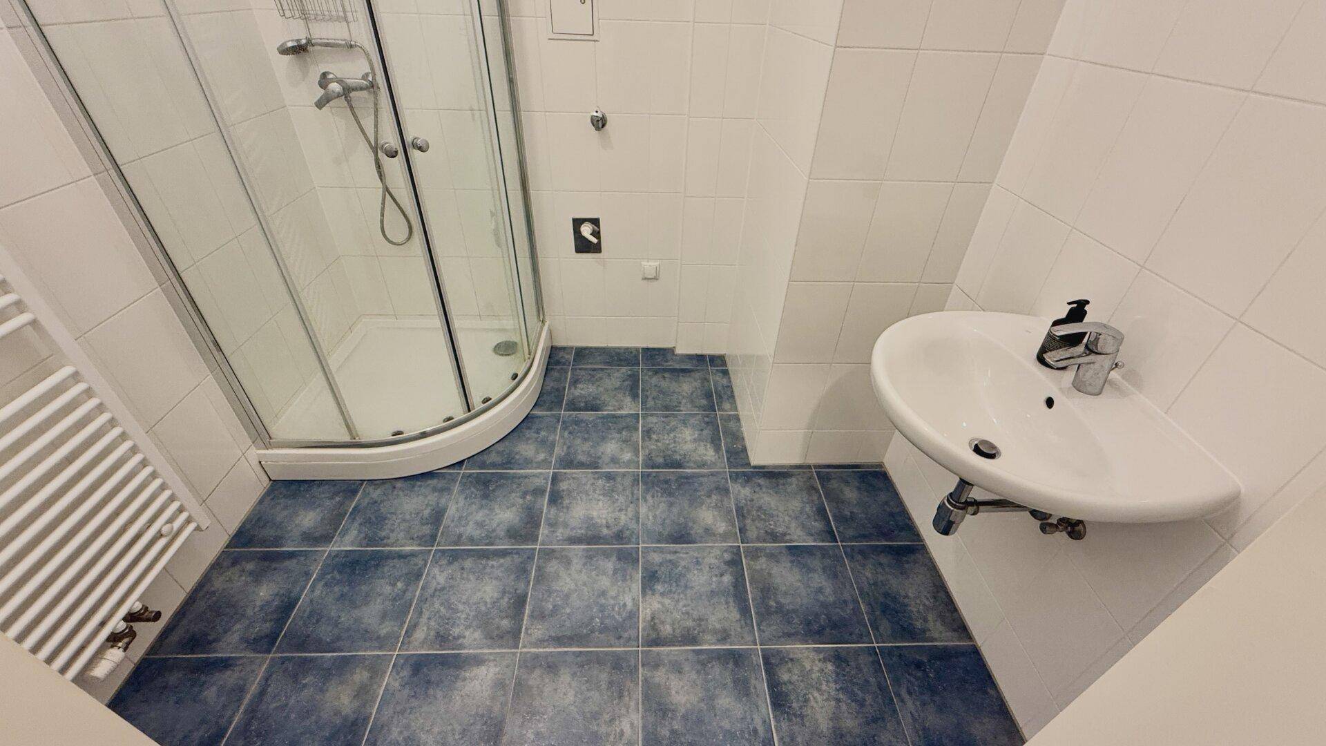 Helles Badezimmer mit Duschkabine, Waschbecken und blau-weiß gefliestem Boden und Wänden.