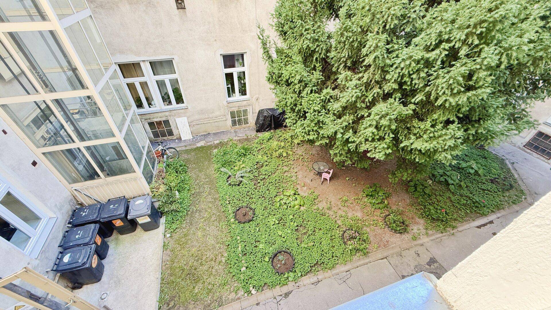 Kleiner begrünter Innenhof mit Mülltonnen und einem großen Baum, bietet etwas Grünfläche.