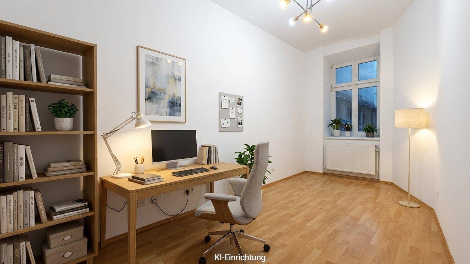 Modern eingerichtetes Büro mit Schreibtisch, Computer, Bücherregal und einem Fenster.
