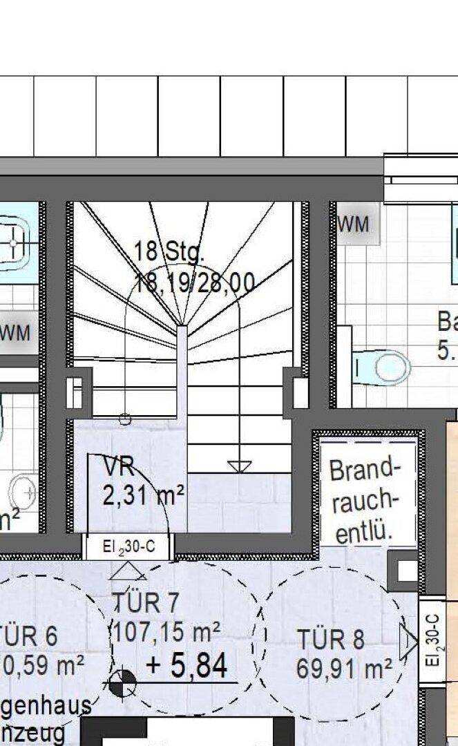 Ausschnitt des Grundrisses mit Treppenhaus, WC und angrenzenden Räumen.