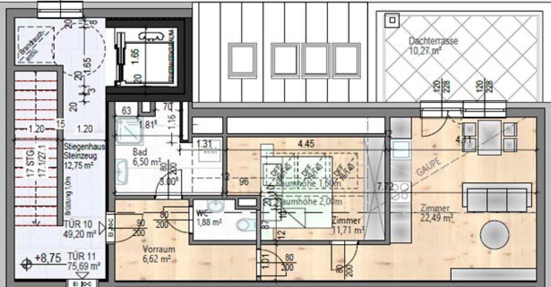 Grundriss des Dachgeschosses mit Dachterrasse, zwei Zimmern und einem Badezimmer.