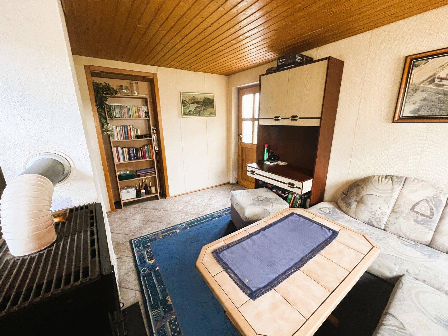 Gemütlicher Wohnraum mit Holzofen, Sofa und Bücherregal.