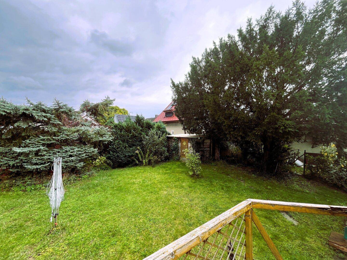 Großer, grüner Gartenbereich mit Rasen, Bäumen und Wäscheleine unter bewölktem Himmel.
